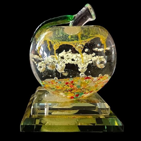 Handblown Apple Paperweight Art Glass Pedestal Multi Colored Bubbles TINY FLAW. - Picture 11 of 16
